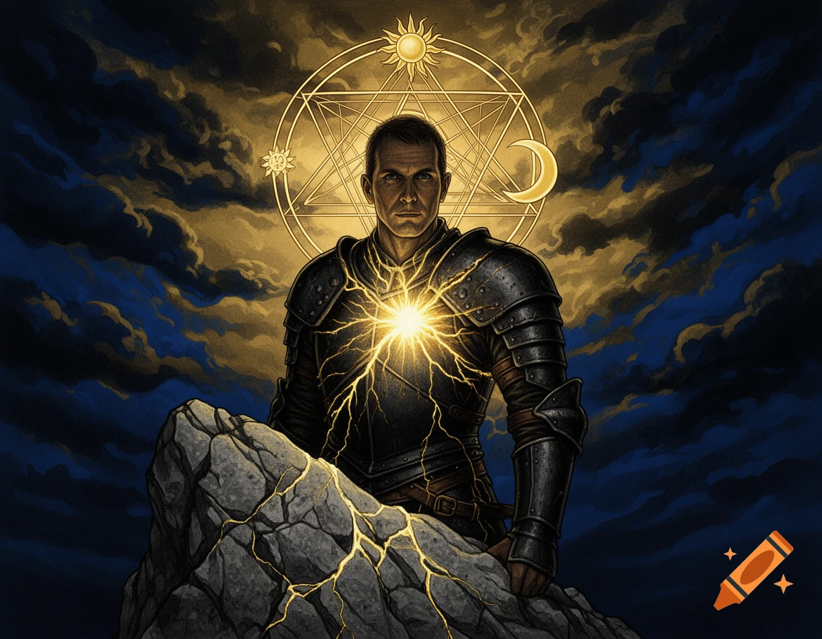 A man in dark, battle-worn armor with golden light bursting from his chest, standing behind a rocky outcrop with a glowing esoteric symbol and stormy golden-blue clouds in the background.