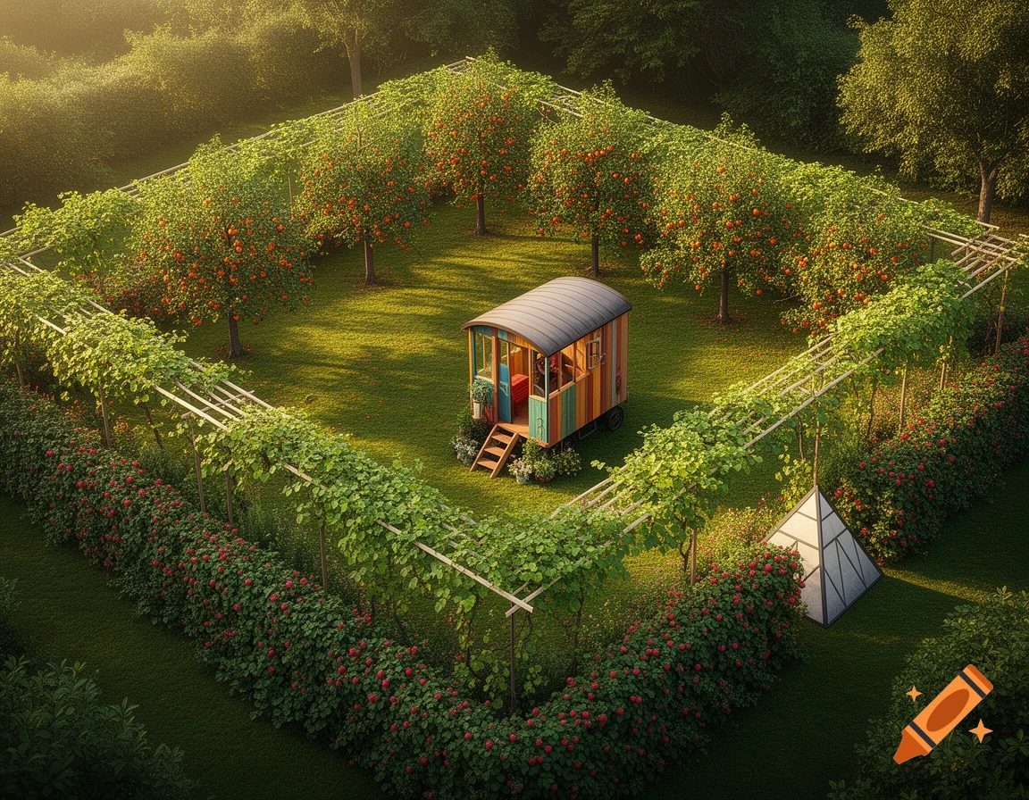 Aerial view of a vibrant square garden with a colorful shepherd's hut, surrounded by trellises, fruit trees, and berry bushes under golden sunlight.