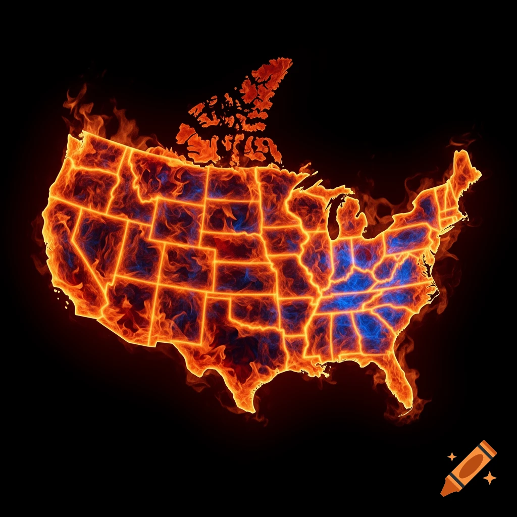 A stylized map of the United States and Canada, outlined in glowing orange and red flames with blue fiery centers, set against a black background.