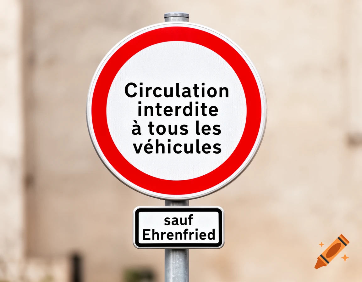 A photorealistic French 'no entry' sign: 'Circulation interdite à tous les véhicules' with a smaller sign 'sauf Ehrenfried'.