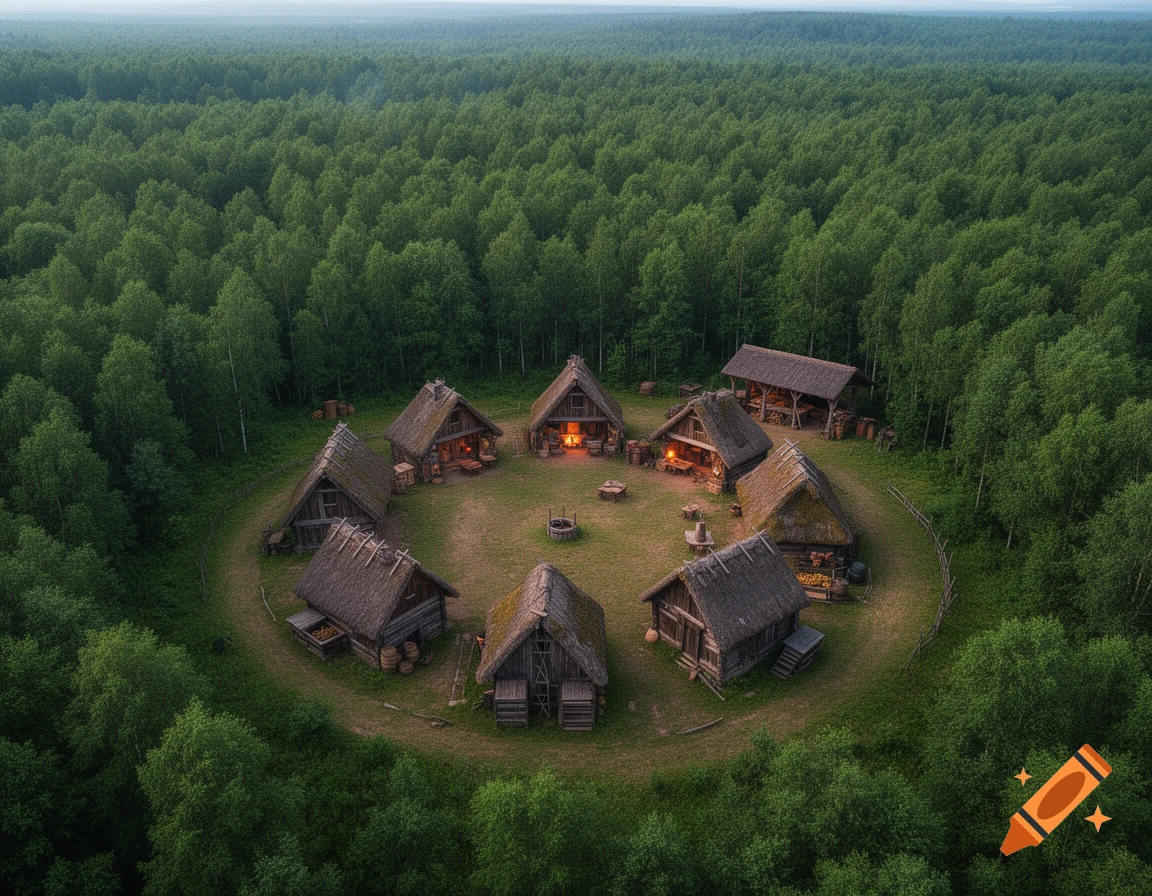 An aerial view of a circular hamlet of thatched-roof timber huts with glowing hearths, nestled in a vast, dense green forest under a cloudy sky.