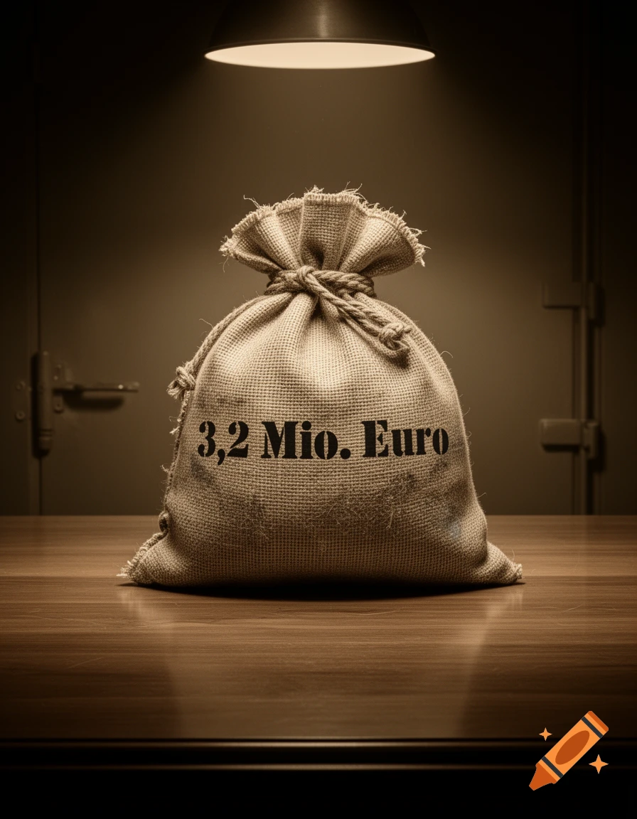 A sepia-toned photorealistic image of a burlap money bag with "3,2 Mio. Euro" written on it, sitting on a wooden table under a spotlight.