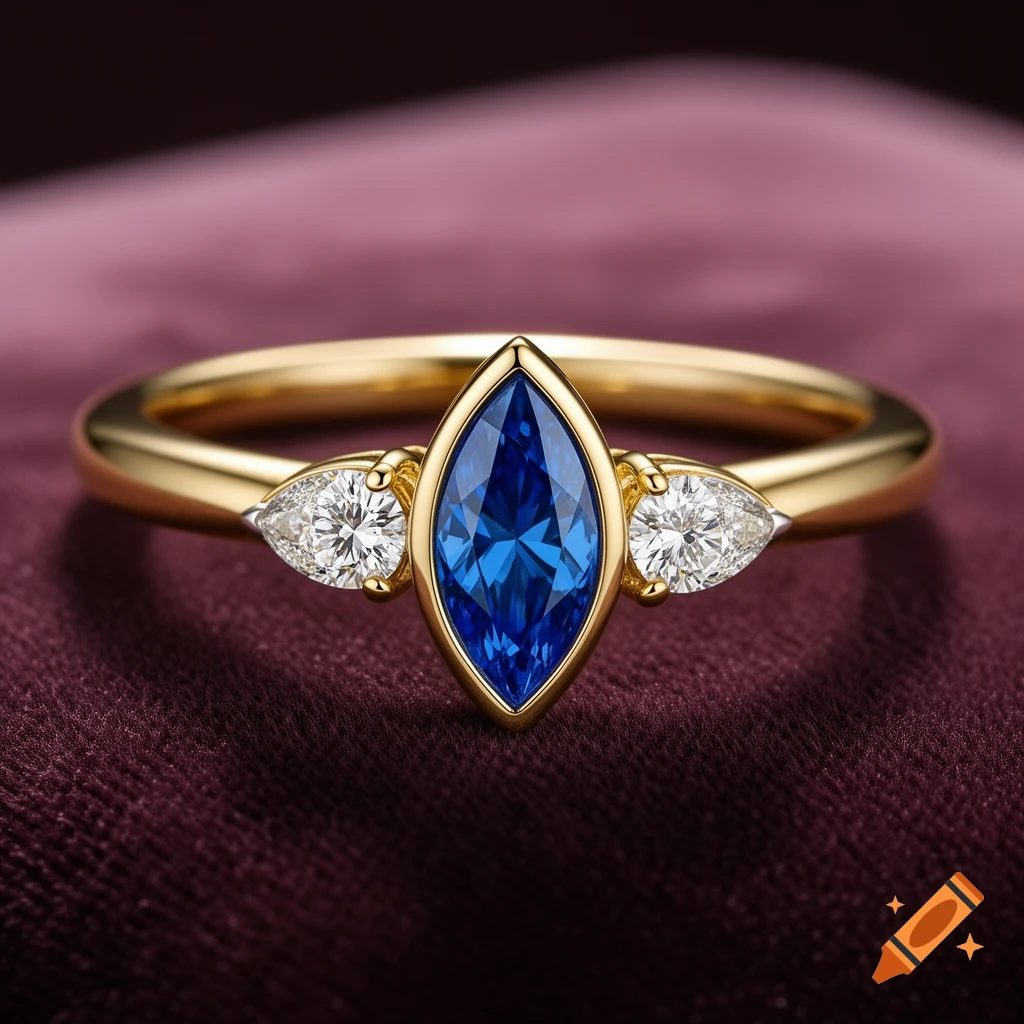 A yellow gold ring features a central blue marquise diamond flanked by two smaller pear-shaped diamonds, resting on deep purple fabric.
