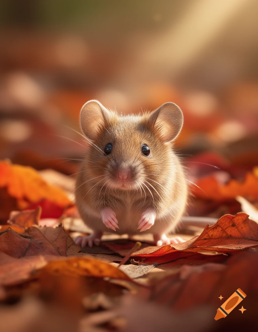 A small, fluffy brown mouse with large ears and whiskers peeks up from a bed of vibrant orange and red autumn leaves.