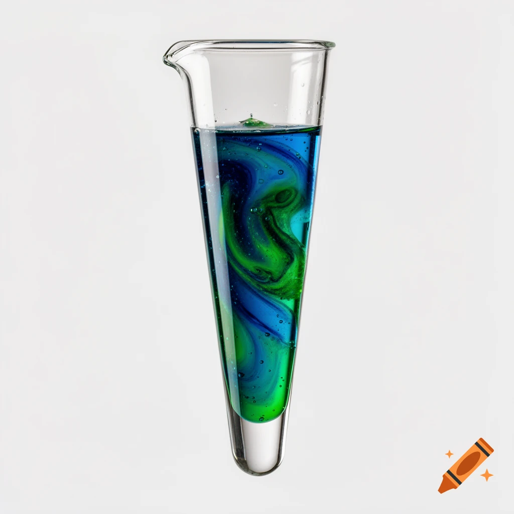 A clear glass tapered beaker or test tube goblet filled with swirling blue and green liquid, against a white background.