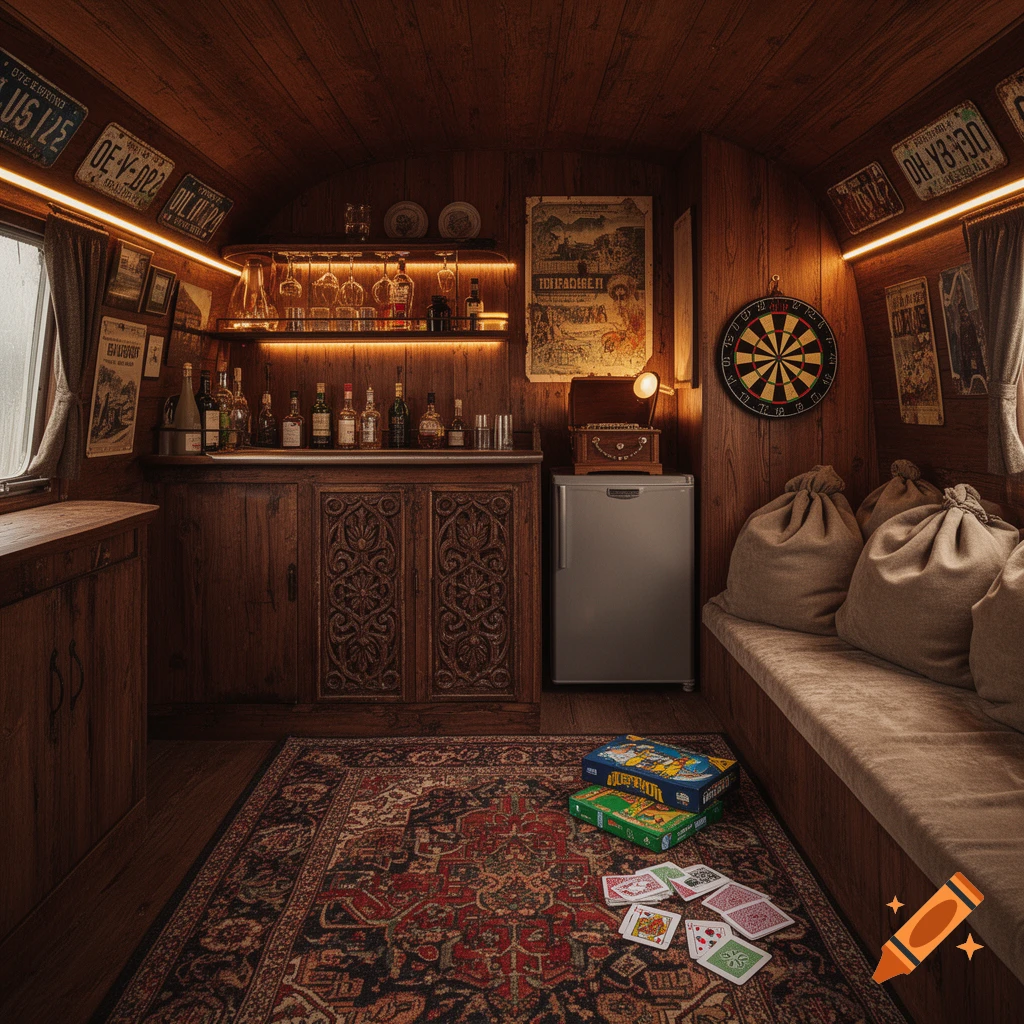 A cozy, rustic wooden trailer interior features a small bar with bottles and glasses, a mini-fridge, a dartboard, a sofa with burlap sacks, and playing cards and board games on a patterned rug.