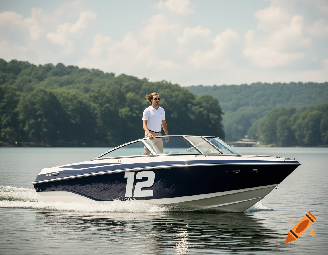 A man stands on a dark blue and white speedboat with '12' on its side, moving across a lake with forested hills under a cloudy sky.