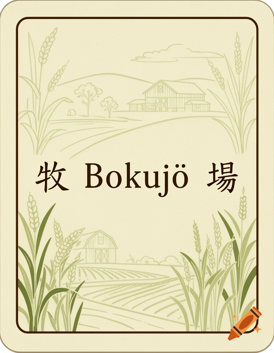 Illustrated beige game card with farmhouses, fields, wheat, and Japanese text "牧 Bokujō 場".