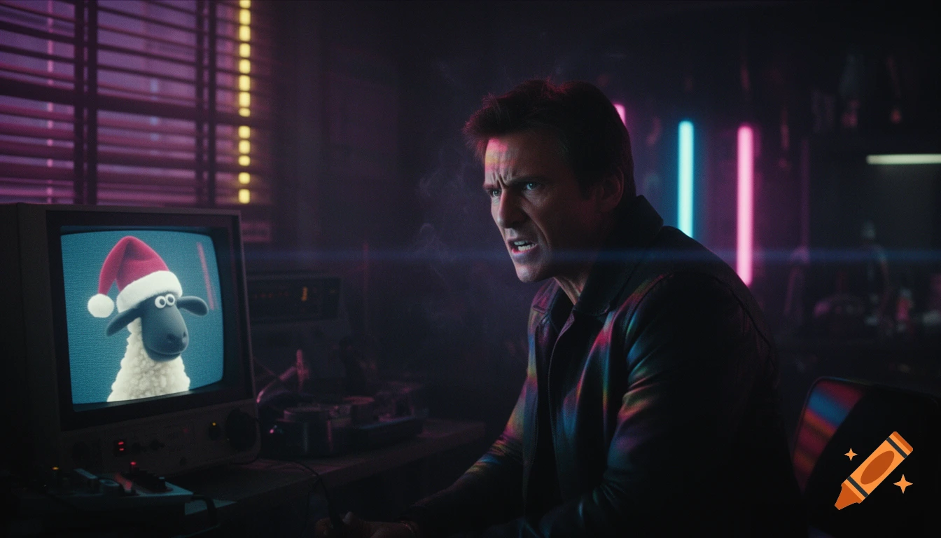 Cinematic still of an angry man in a dark, cyberpunk room, staring at a retro monitor displaying Shaun the Sheep wearing a Santa hat.