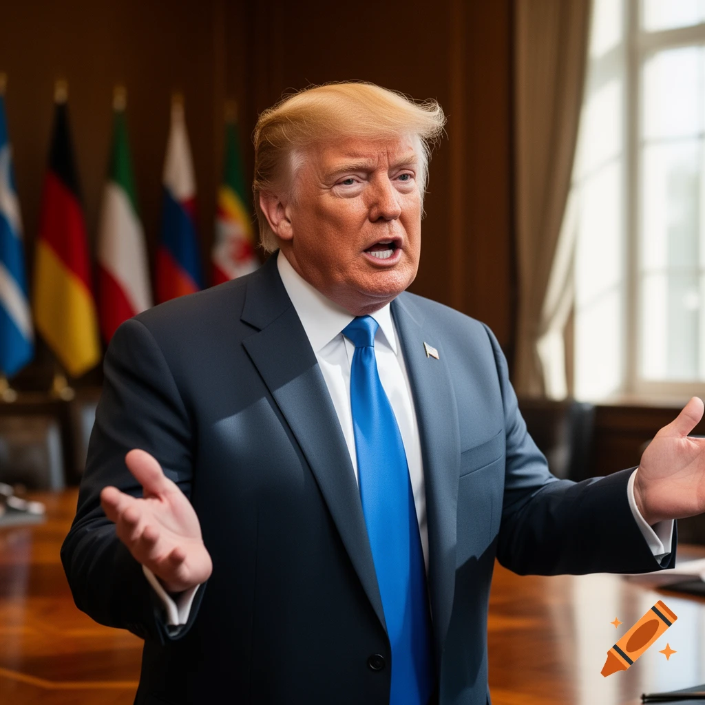 A photorealistic portrait of Donald Trump in a dark suit and blue tie, speaking with his hands raised in a formal room with flags.