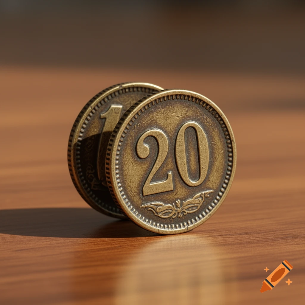 Two antique bronze coins, one marked '20' and another '1', stand upright on a wooden table.