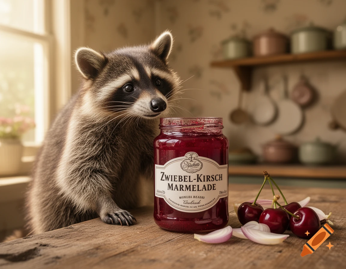 A photorealistic raccoon stands on a wooden table next to a jar of cherry onion jam, with fresh cherries and onion slices. A kitchen is in the background.