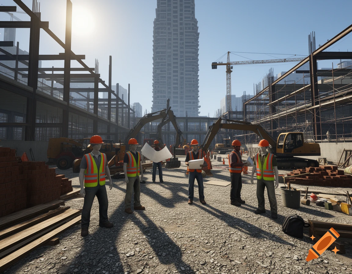 A bustling 3D-rendered construction site with several workers, heavy machinery, and partially built skyscrapers under a bright sky.