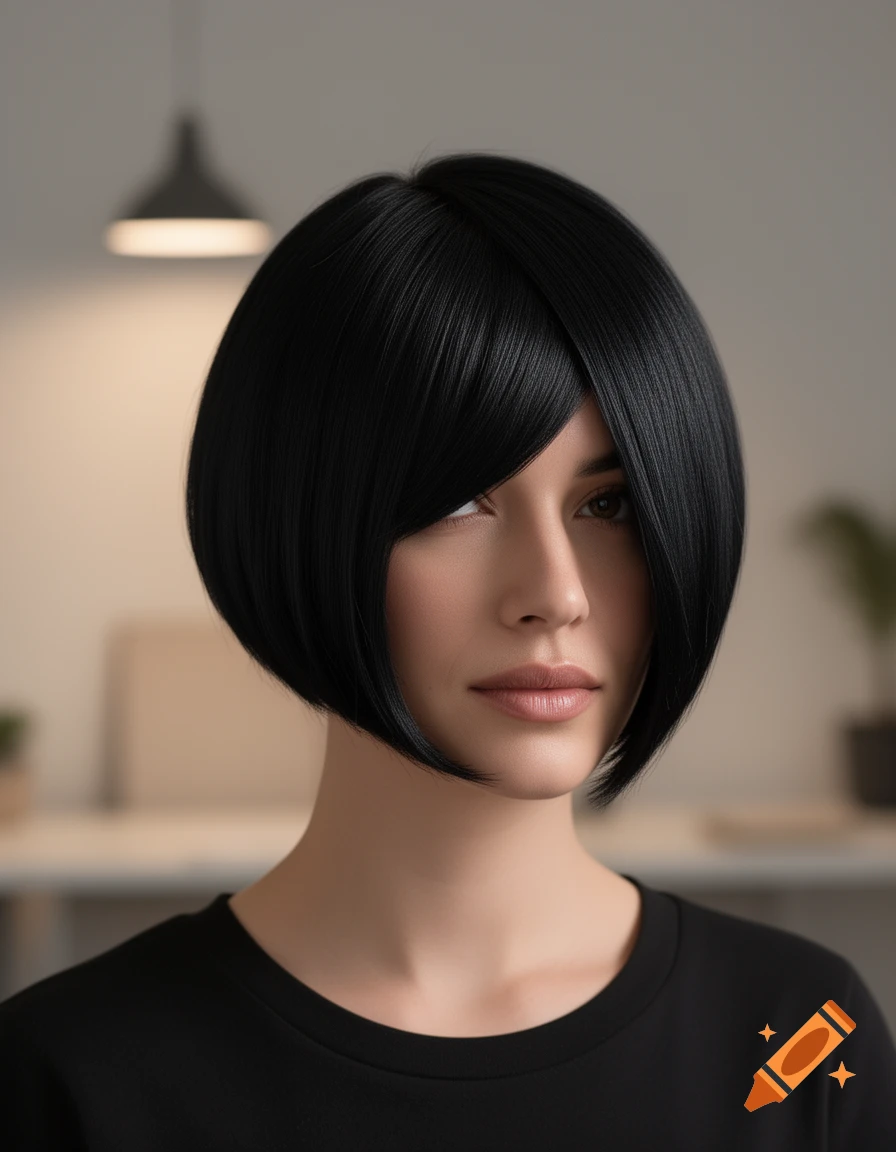 A photorealistic portrait of a woman with a sleek, black bob haircut, looking slightly to the side in a neutral setting.