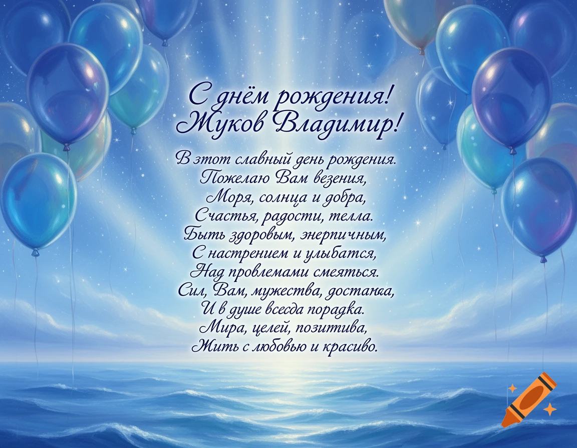A blue birthday greeting card with varying shades of blue balloons floating against a starry sky over a wavy blue ocean. White Russian text is centrally placed.