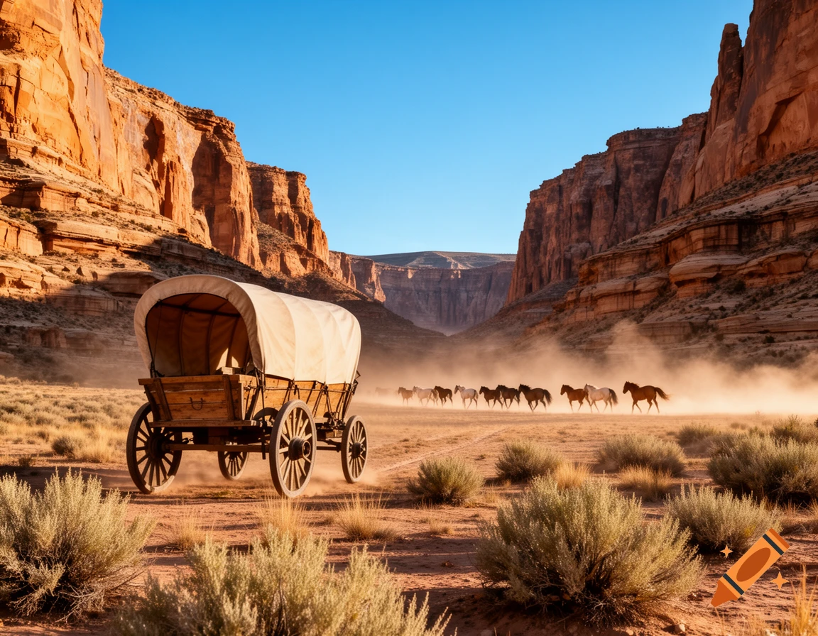 A covered wagon on a dusty trail in a desert canyon, with a herd of horses running in the distance under a clear blue sky.