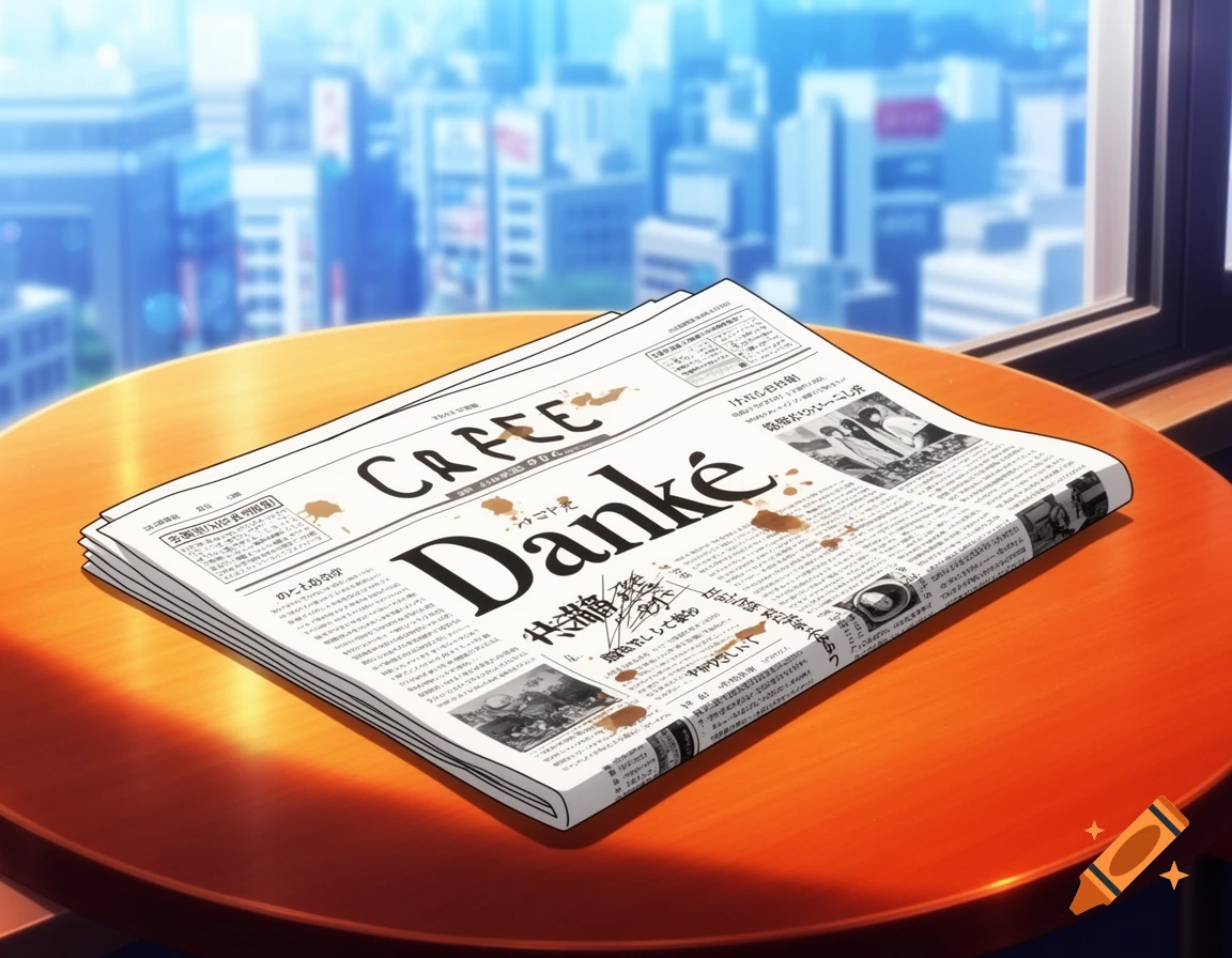 An anime-style image of a newspaper with coffee stains on a round orange table, with a blurred city skyline visible through a window in the background.