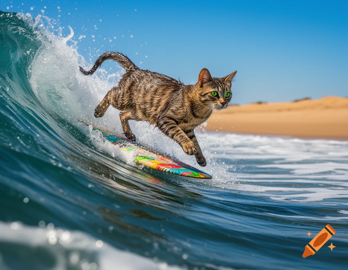 A photorealistic tabby cat with bright green eyes surfs a breaking wave in the ocean, with a sandy beach in the background.