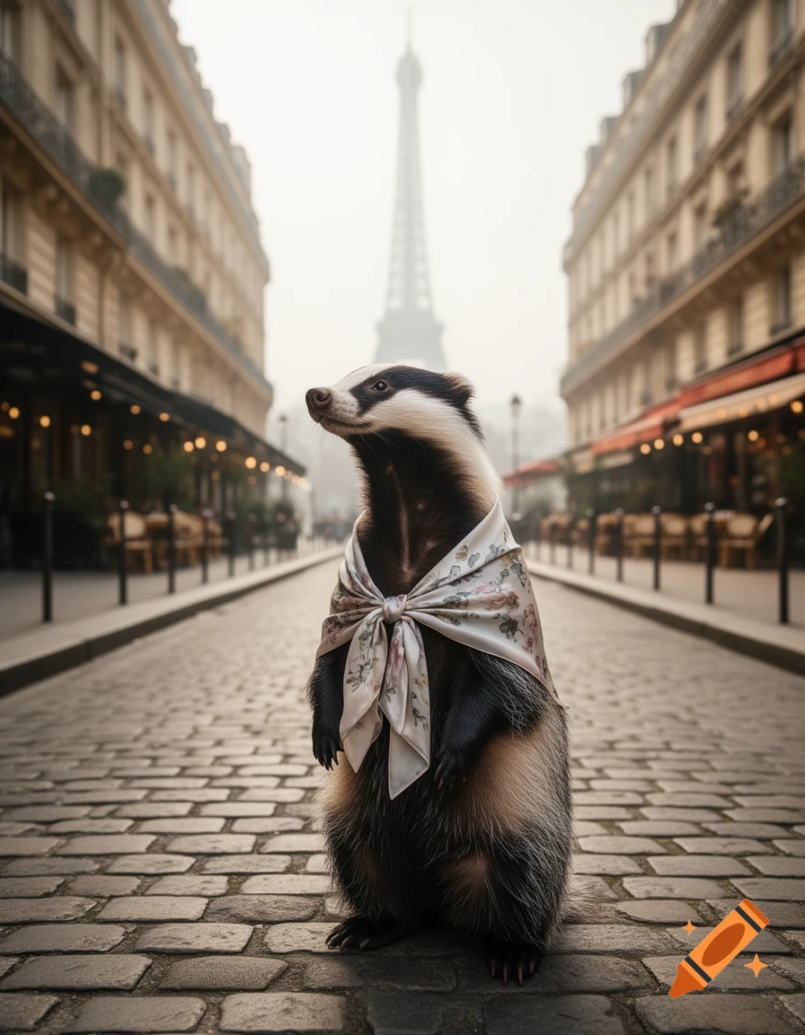 A badger in a floral scarf stands on a cobblestone street in Paris, with the Eiffel Tower visible in the misty background.