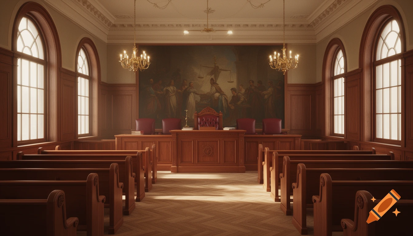 Photorealistic empty American courtroom with wood paneling, benches, a judge's bench, and a large mural behind it.