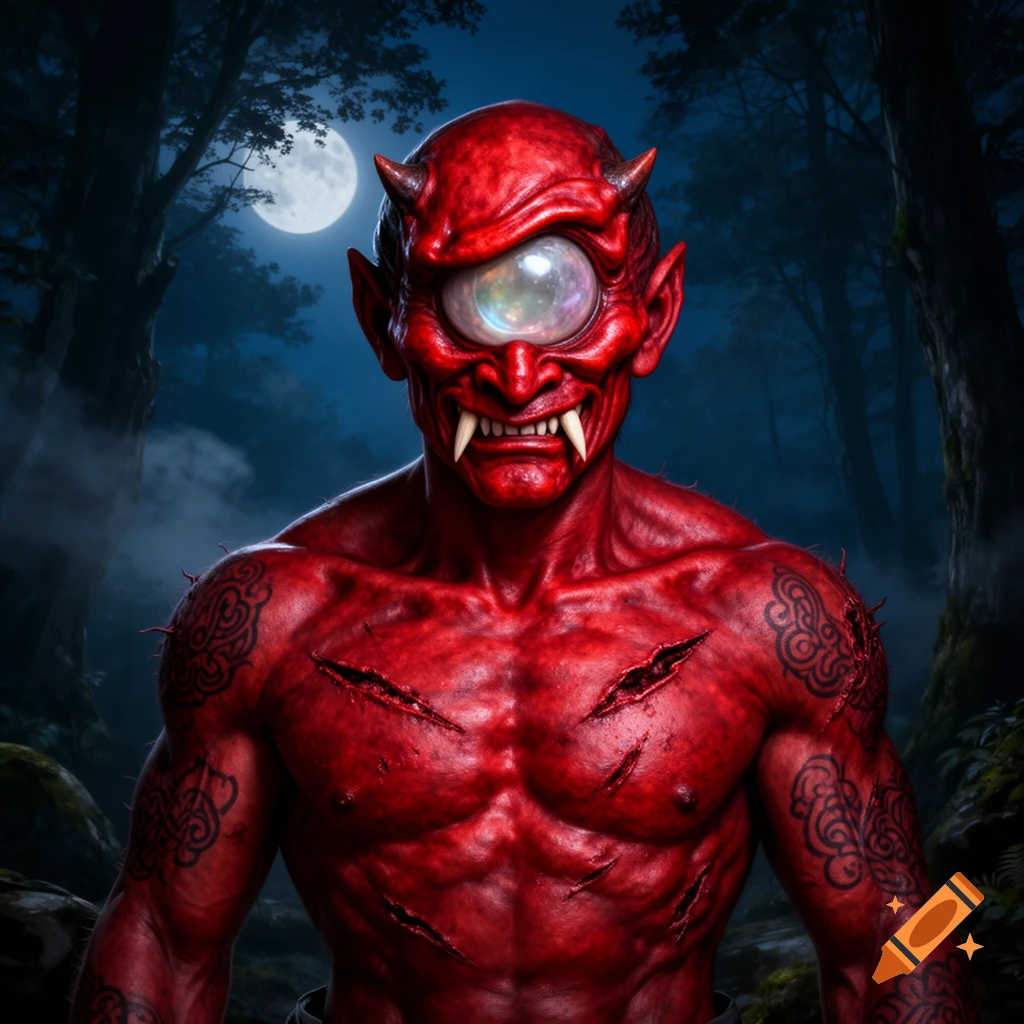 A red-skinned, one-eyed Hitotsume-oni demon with horns, fangs, and scars stands in a dark, moonlit forest.