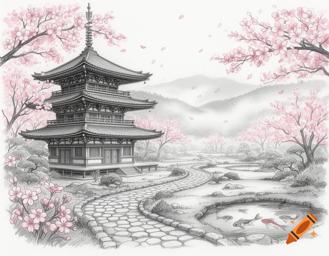 Sketch of a multi-tiered Japanese pagoda surrounded by pink cherry blossoms and a winding stone path leading to a koi pond, with misty mountains in the background.