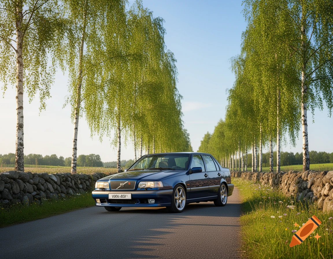 A dark blue Volvo 850 R-sedan is parked on a paved road, flanked by rows of tall birch trees and stone walls, in a sunlit countryside.