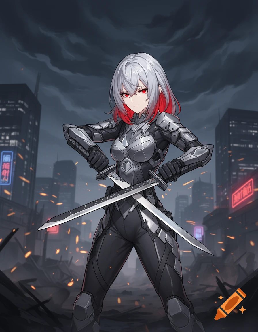 An anime warrior girl with silver and red hair, red eyes, and futuristic armor holds two swords crossed in a ruined city with neon signs.
