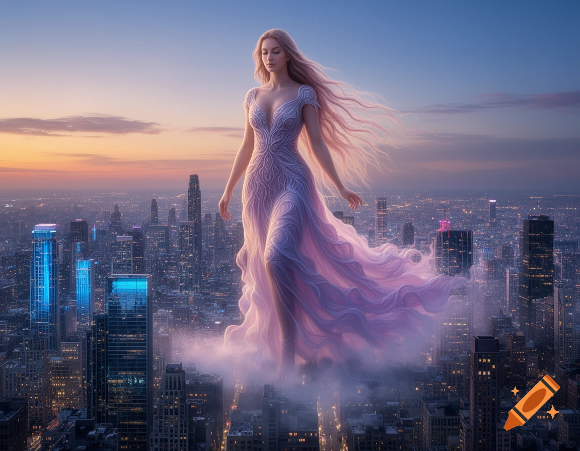 A giant woman in a flowing ornate pink dress and long pink hair floats above a vast cityscape at sunset.