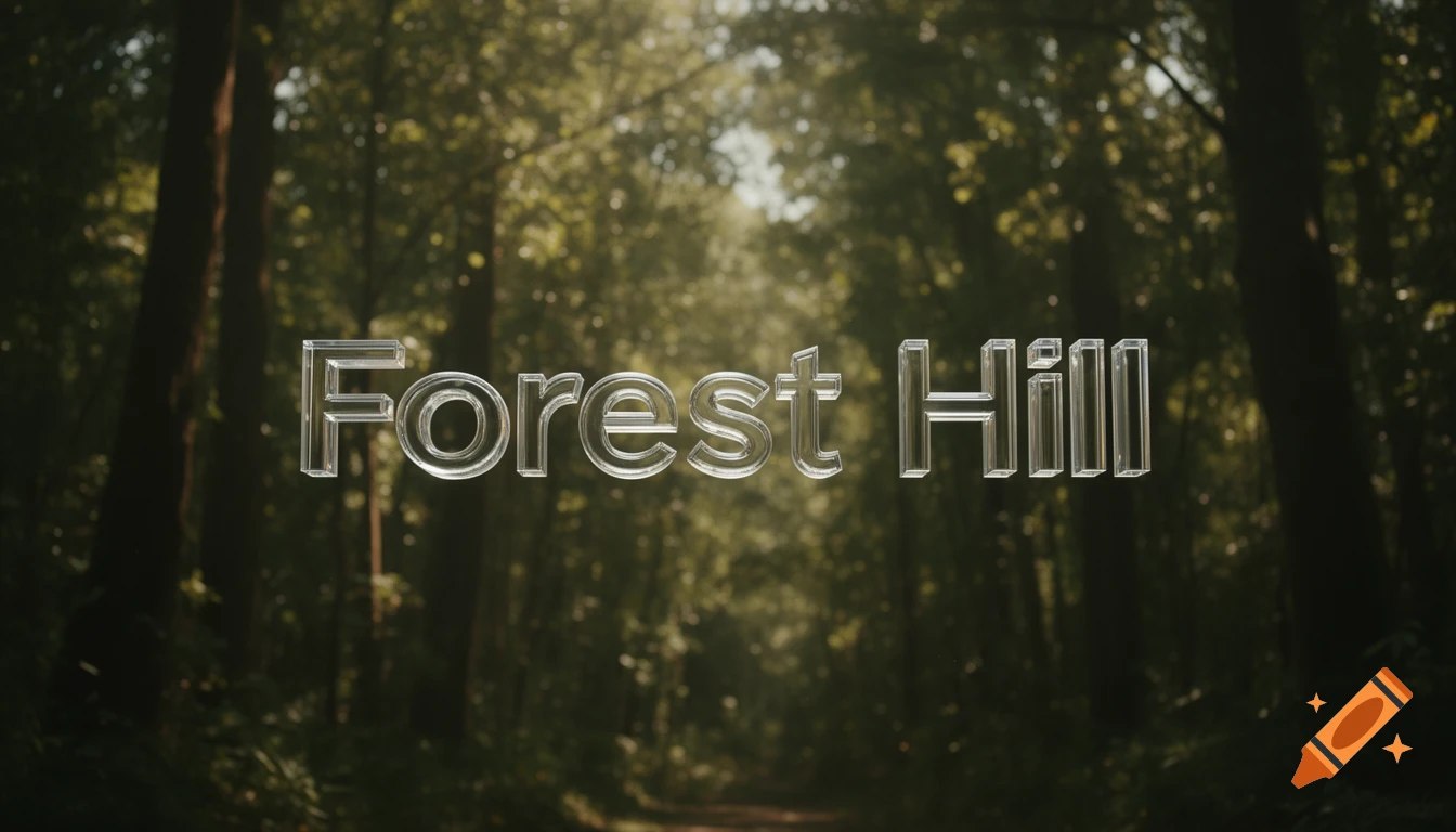 Transparent 3D text 'Forest Hill' floats above a blurred, sun-dappled forest path.