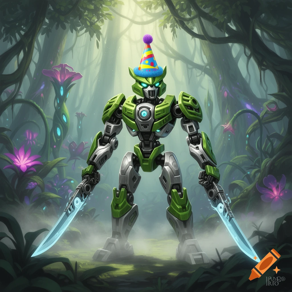 A green and gray robot resembling Bionicle Lewa Nuva, wearing a colorful birthday hat and holding two glowing swords, stands in a misty, vibrant jungle.