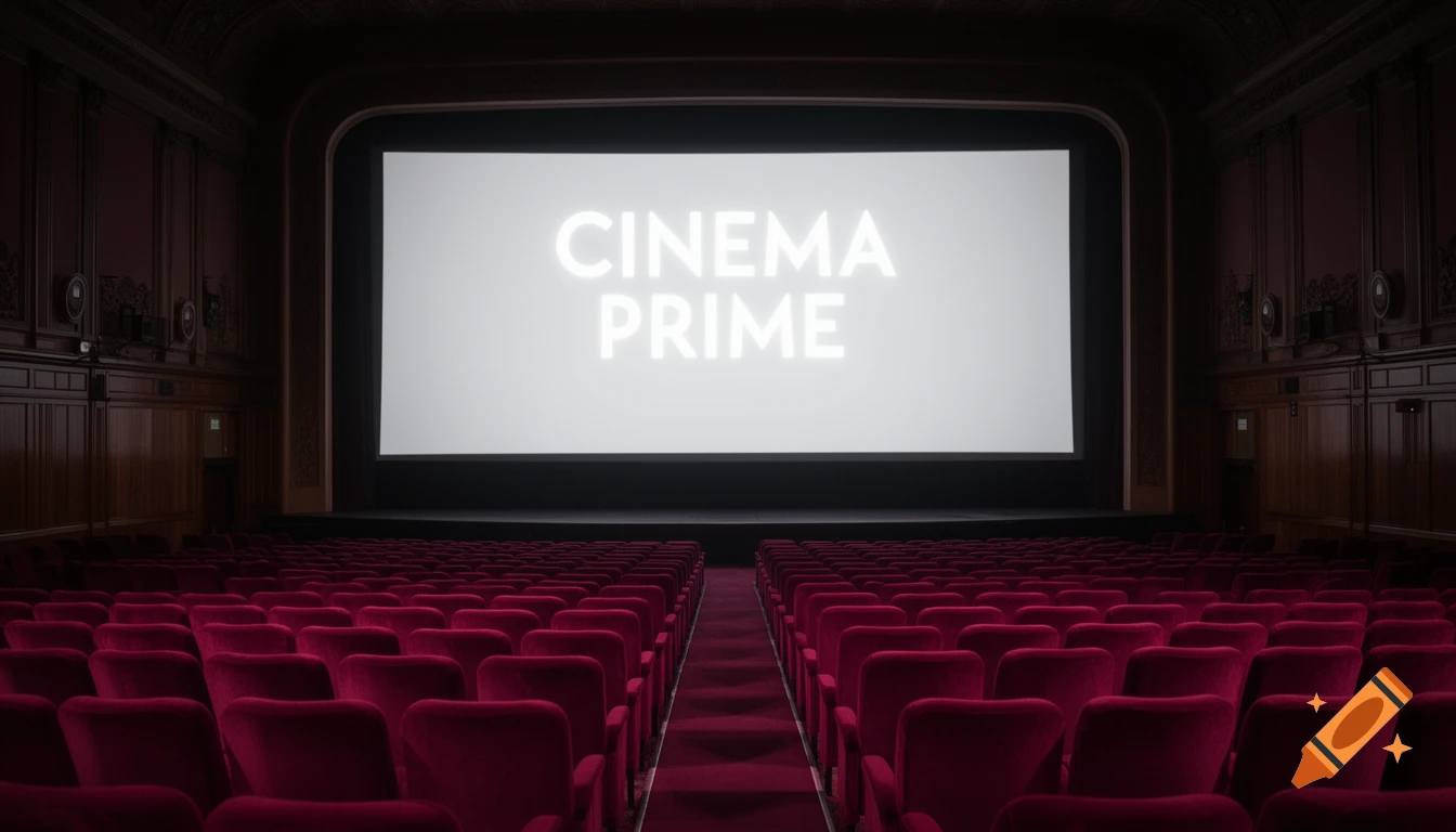 Photorealistic image of an empty grand cinema hall with red velvet seats and "CINEMA PRIME" on the large screen.