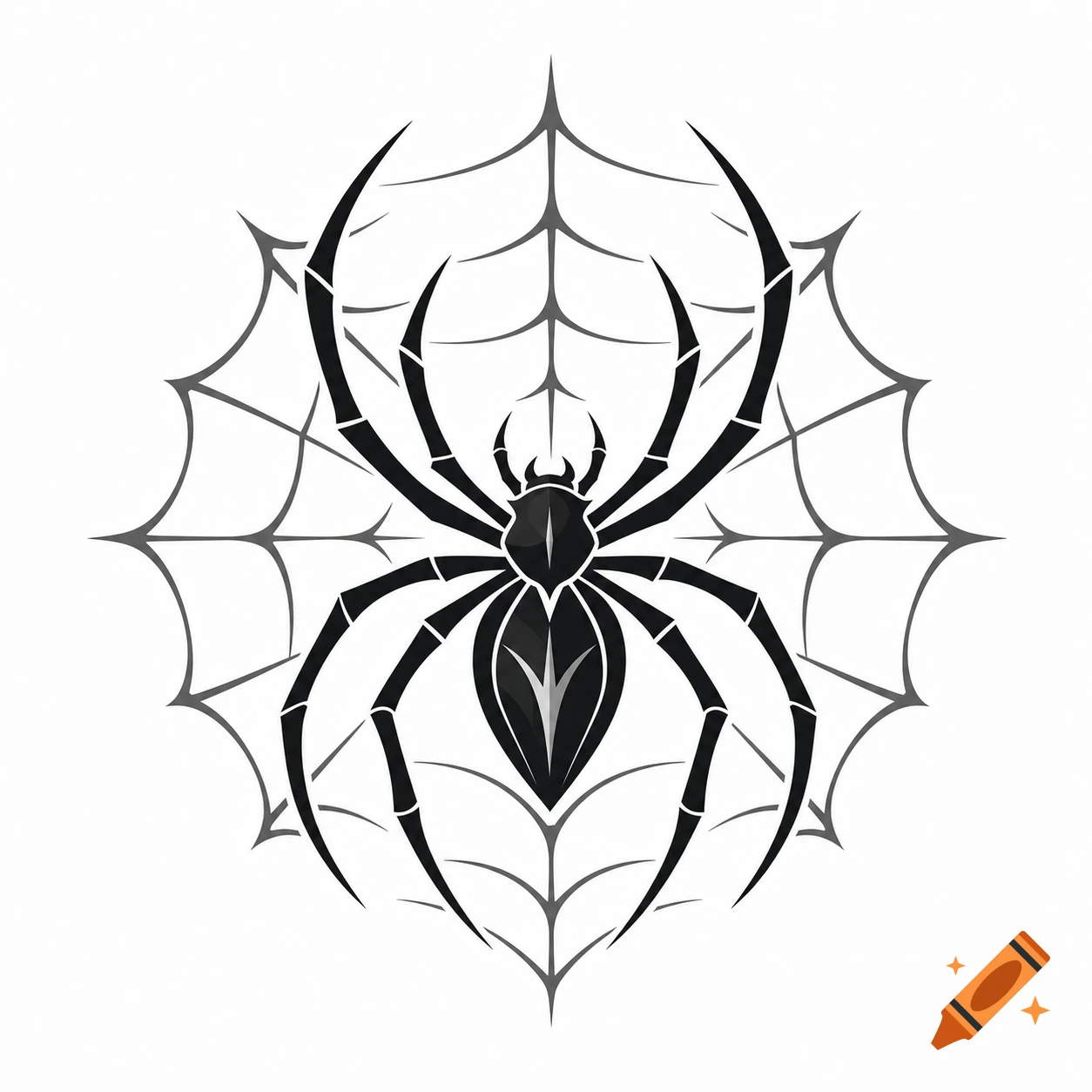 A stylized black spider with a pointed abdomen and eight legs, centered on a gray, circular spiderweb.