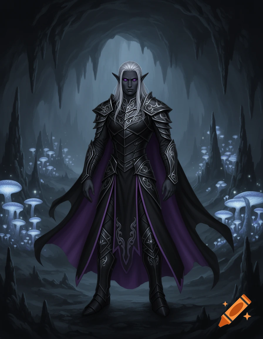 A dark-skinned male drow with silver hair and glowing purple eyes, wearing intricate black and purple armor and cape, stands in a mushroom-filled cavern.