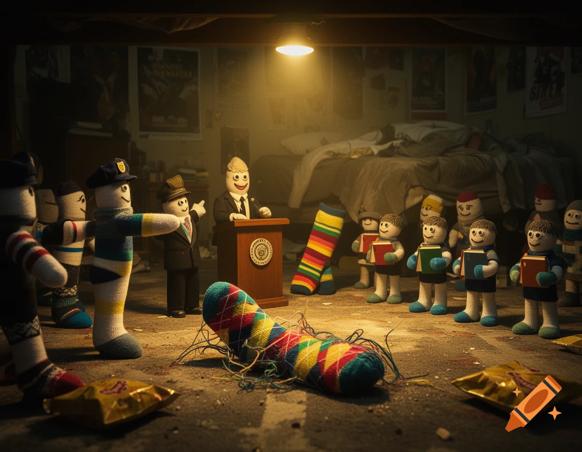 An entire society of anthropomorphic socks under a dimly lit bed, with one sock unravelling on the floor near a podium where another sock speaks.