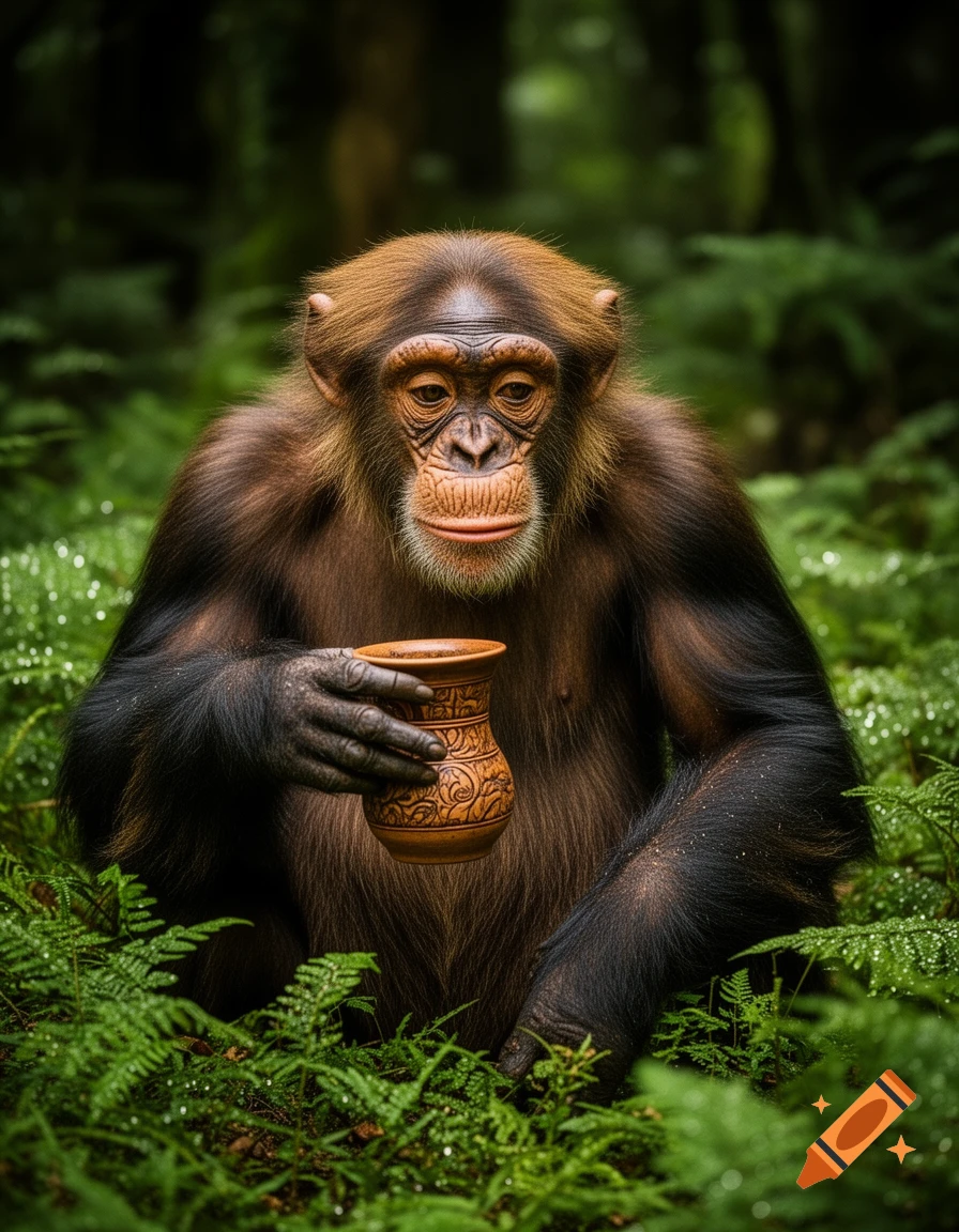 A photorealistic chimpanzee sits among green ferns in a jungle, holding an ornate brown cup.