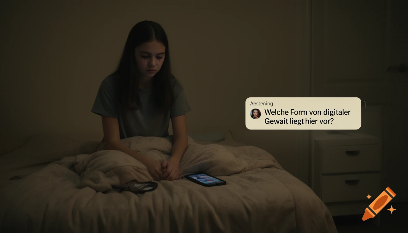 A sad young girl with tears in her eyes sits on her bed in a dark room, looking at her phone, with a text bubble asking about digital violence.