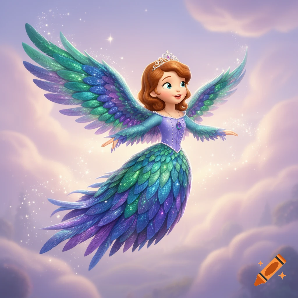 Cartoon Sofia the First with shimmering blue-green feathered wings and dress, flying in a magical, sparkly cloud-filled sky.