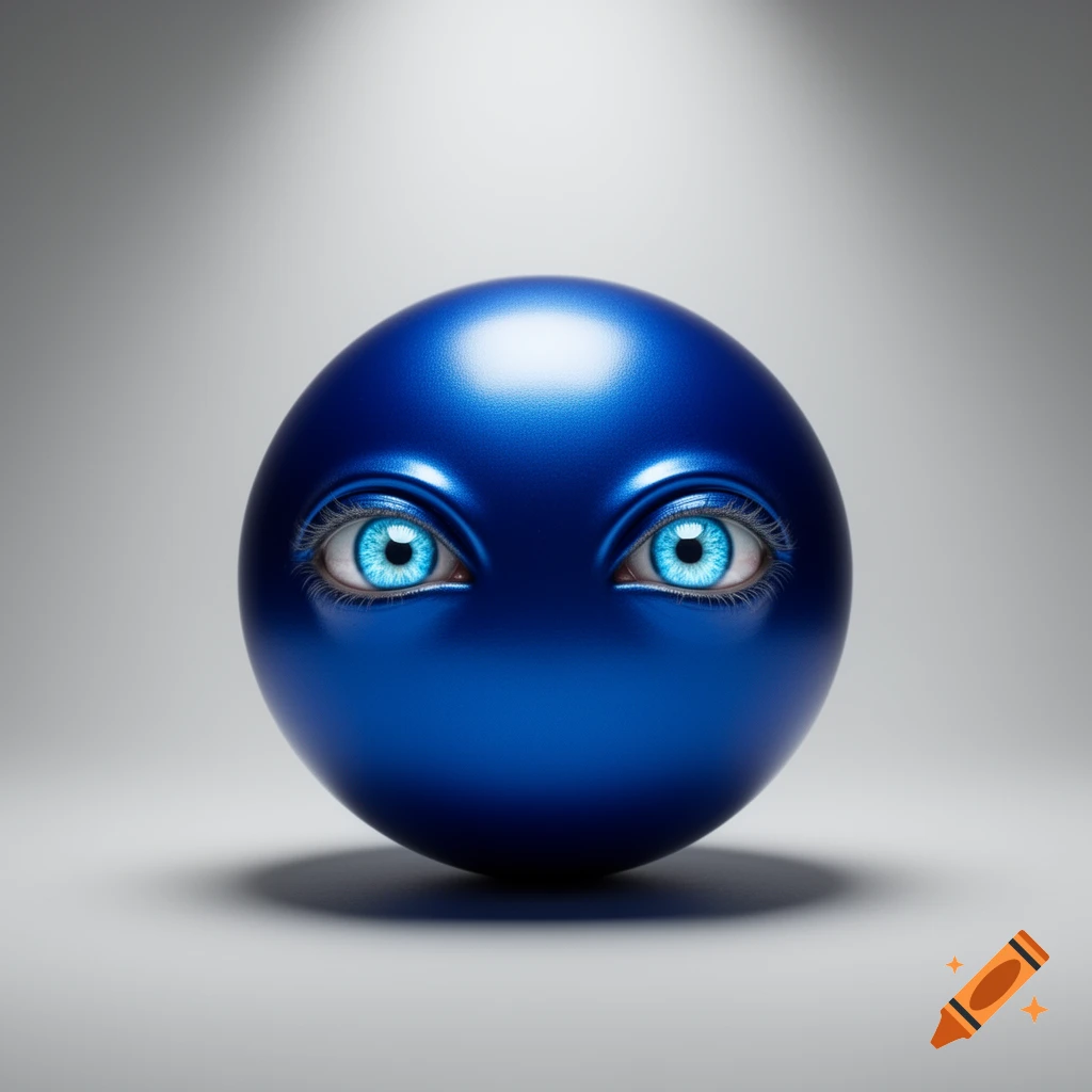 A metallic blue sphere featuring realistic human eyes with bright blue irises, under a spotlight.