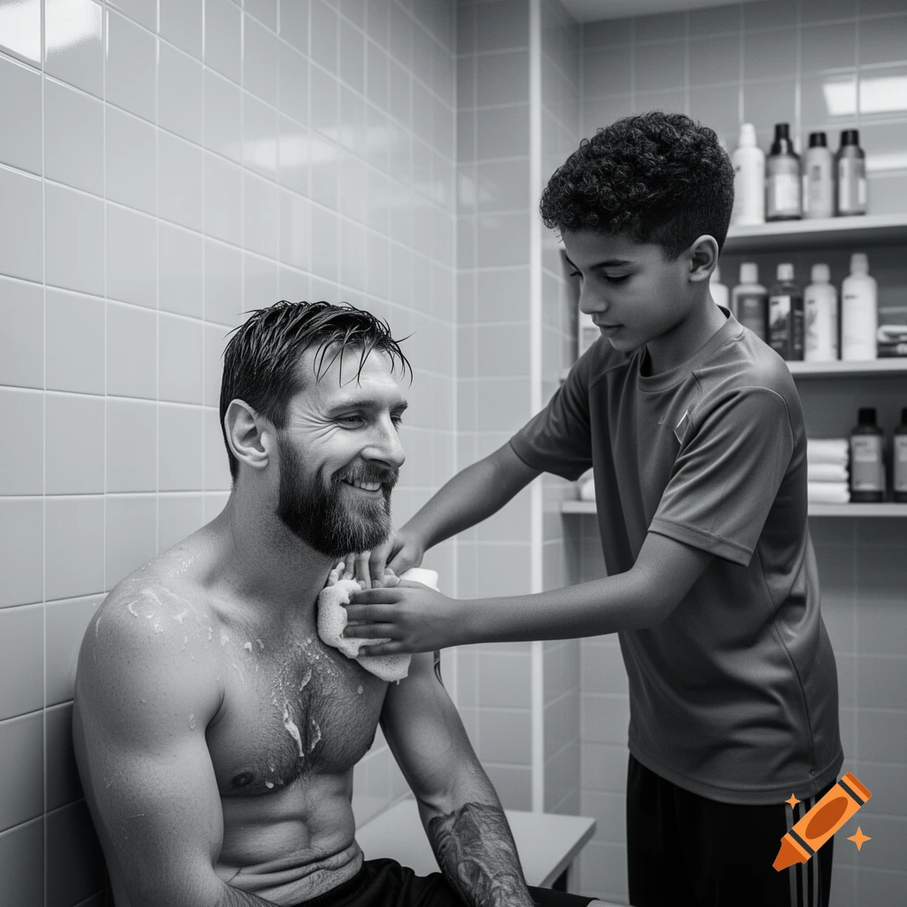 Black and white photorealistic image of Lionel Messi, shirtless, smiling while Lamine Yamal washes his chest with a sponge in a tiled room.