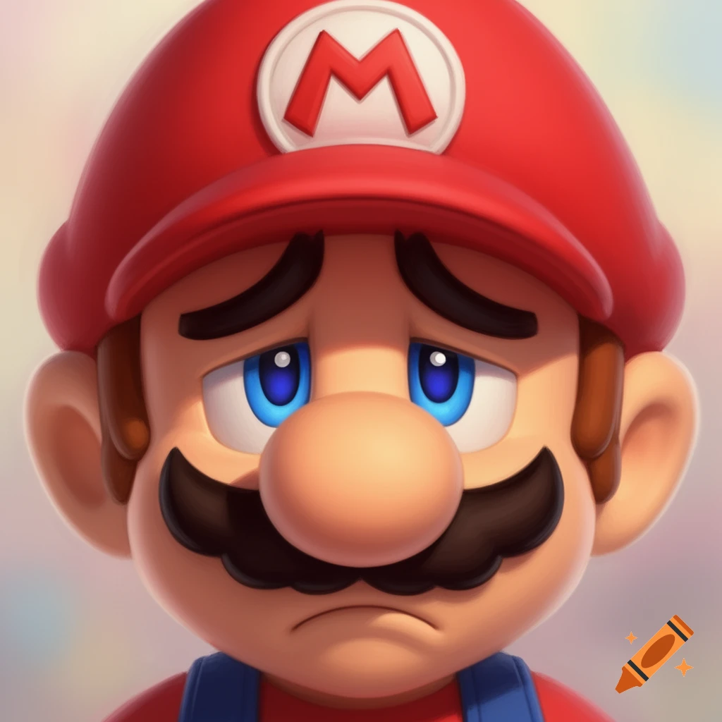 Close-up of a sad Mario with downcast eyes, wearing his red cap with the 'M' logo, and blue overalls.