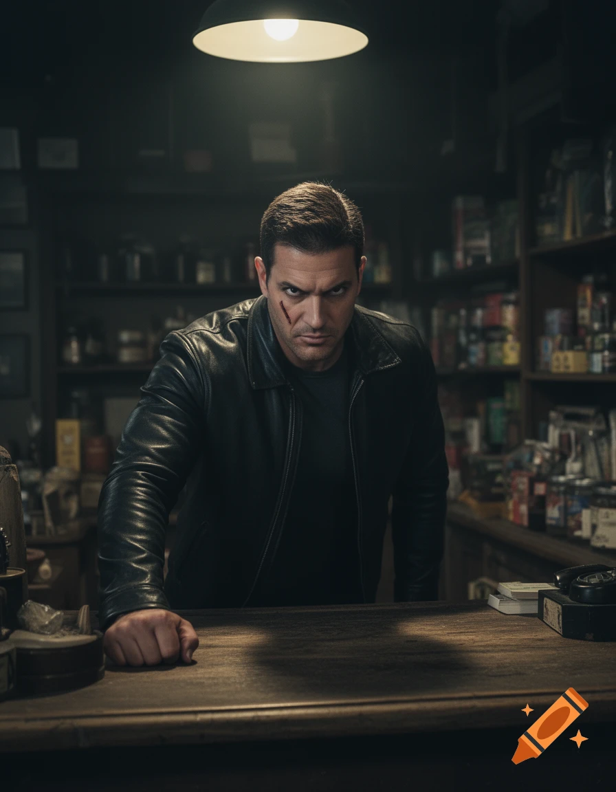 A menacing man with a cut on his cheek leans over a store counter in a dimly lit setting, fists clenched.