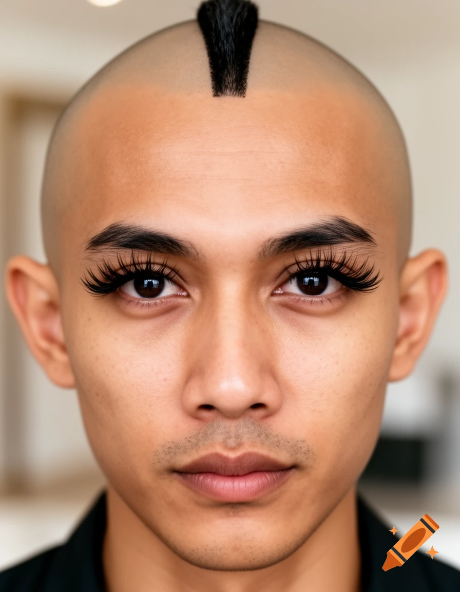 Close-up portrait of a man with a bald head, a short mohawk, and long dramatic eyelashes.
