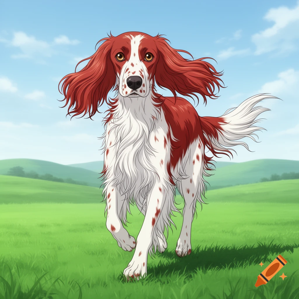 An anime-style red and white English setter dog runs through a green field under a blue sky.