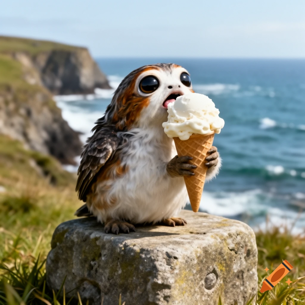 Photorealistic image of a porg sitting on a rock by ocean cliffs, happily eating an ice cream cone.