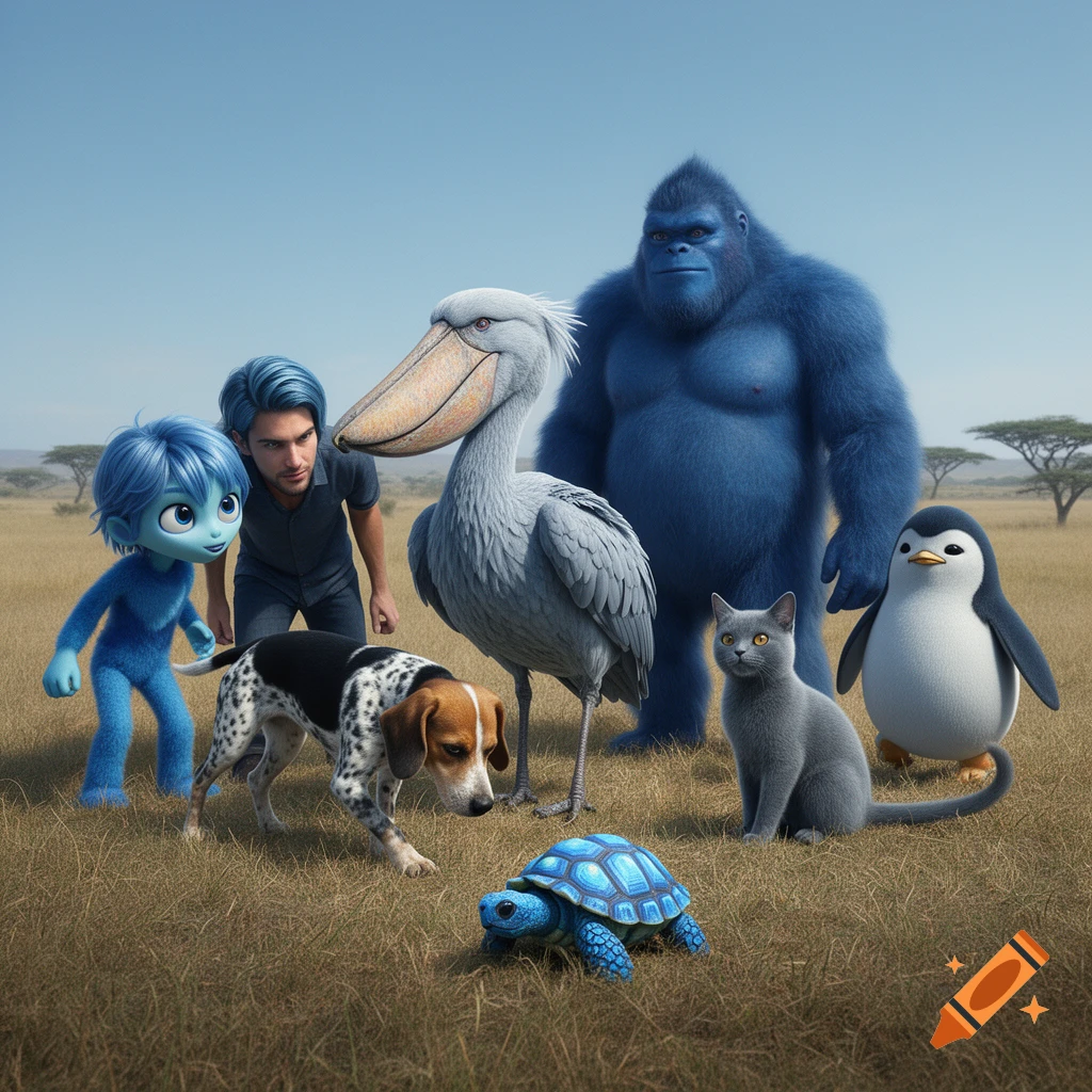 A blue alien boy, blue-haired man, shoebill, blue gorilla, beagle, cat, blue penguin, and blue tortoise gathered in a grassy field.