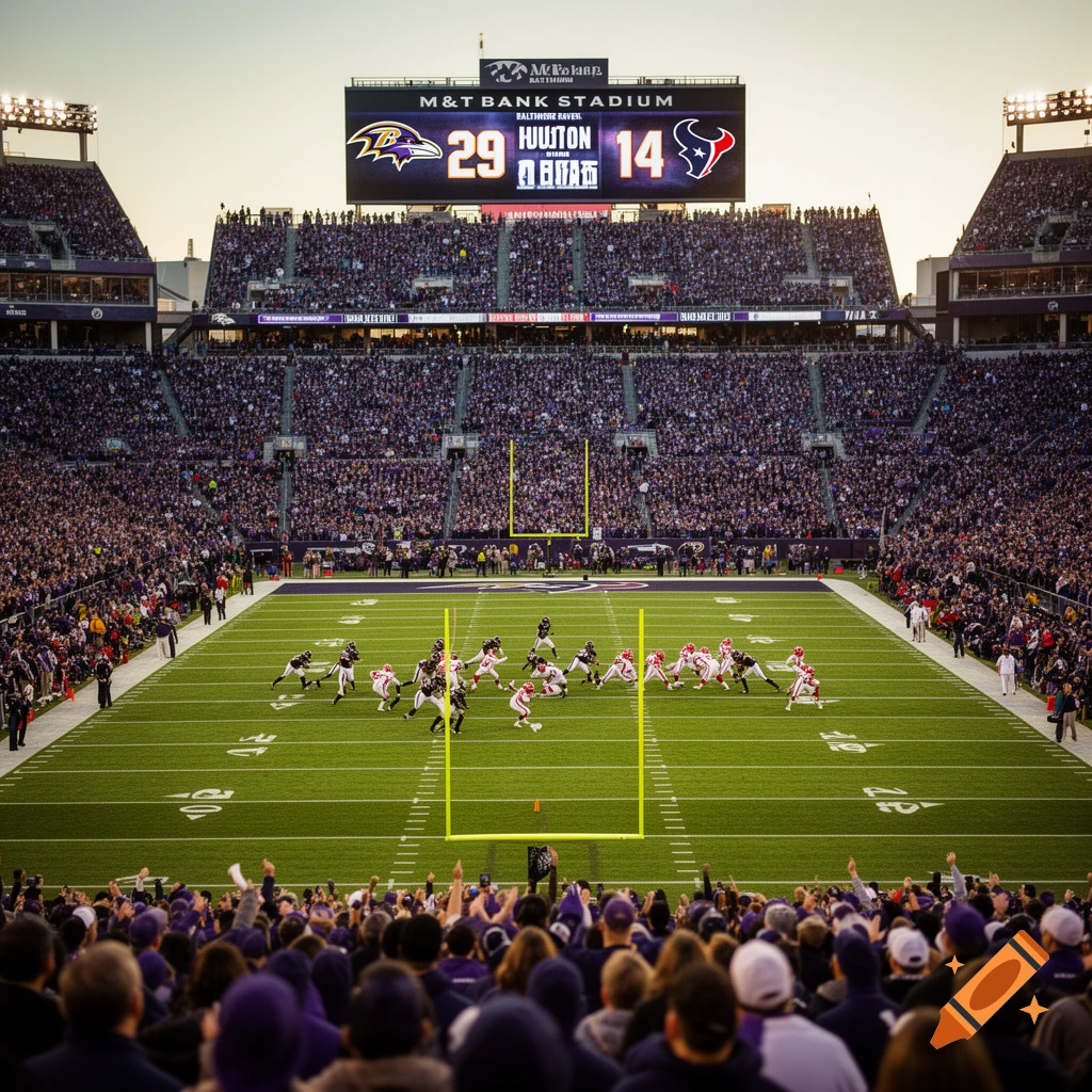 An American football game in a large, crowded stadium under a golden sky, with a scoreboard showing the Baltimore Ravens winning against the Houston Texans, 29 to 14.