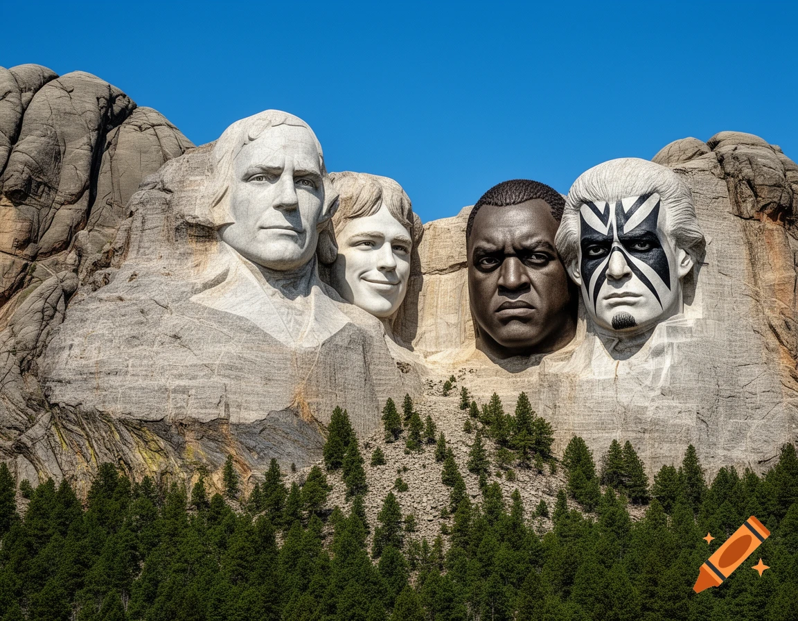 Four diverse faces, one with black and white face paint, carved into a mountain like Mount Rushmore, above pine trees under a clear blue sky.