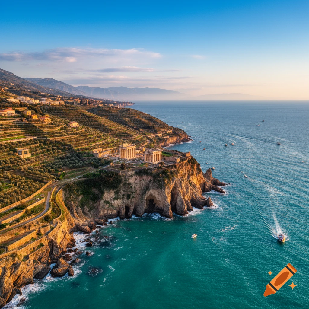 Photorealistic aerial view of ancient ruins on a cliff overlooking the blue ocean with boats, flanked by terraced green hills.