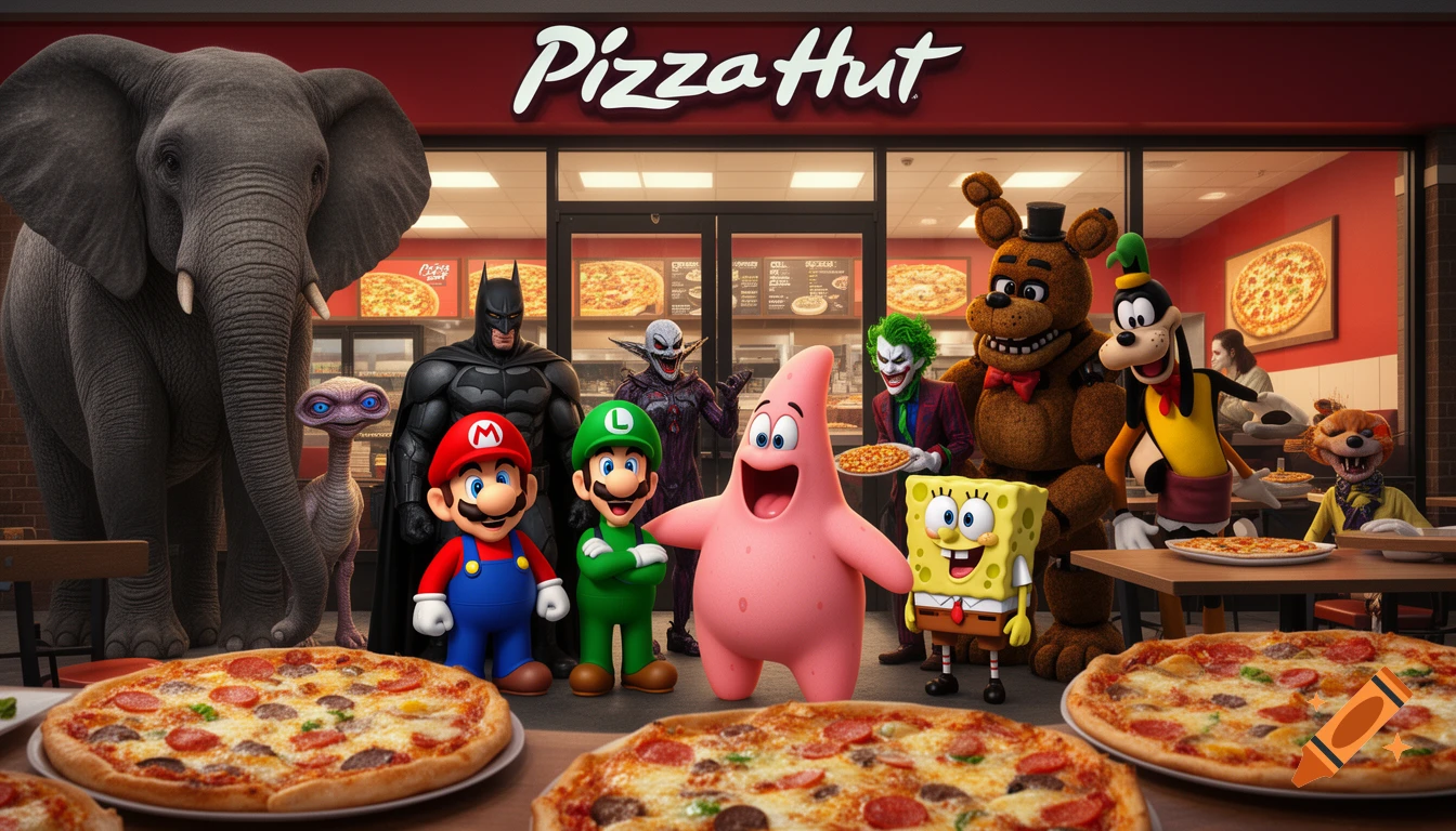 Mario, Luigi, Patrick, Batman, Joker, an elephant, E.T., Spongebob, Freddy Fazbear, and Goofy are gathered outside a Pizza Hut restaurant with pizzas in the foreground.